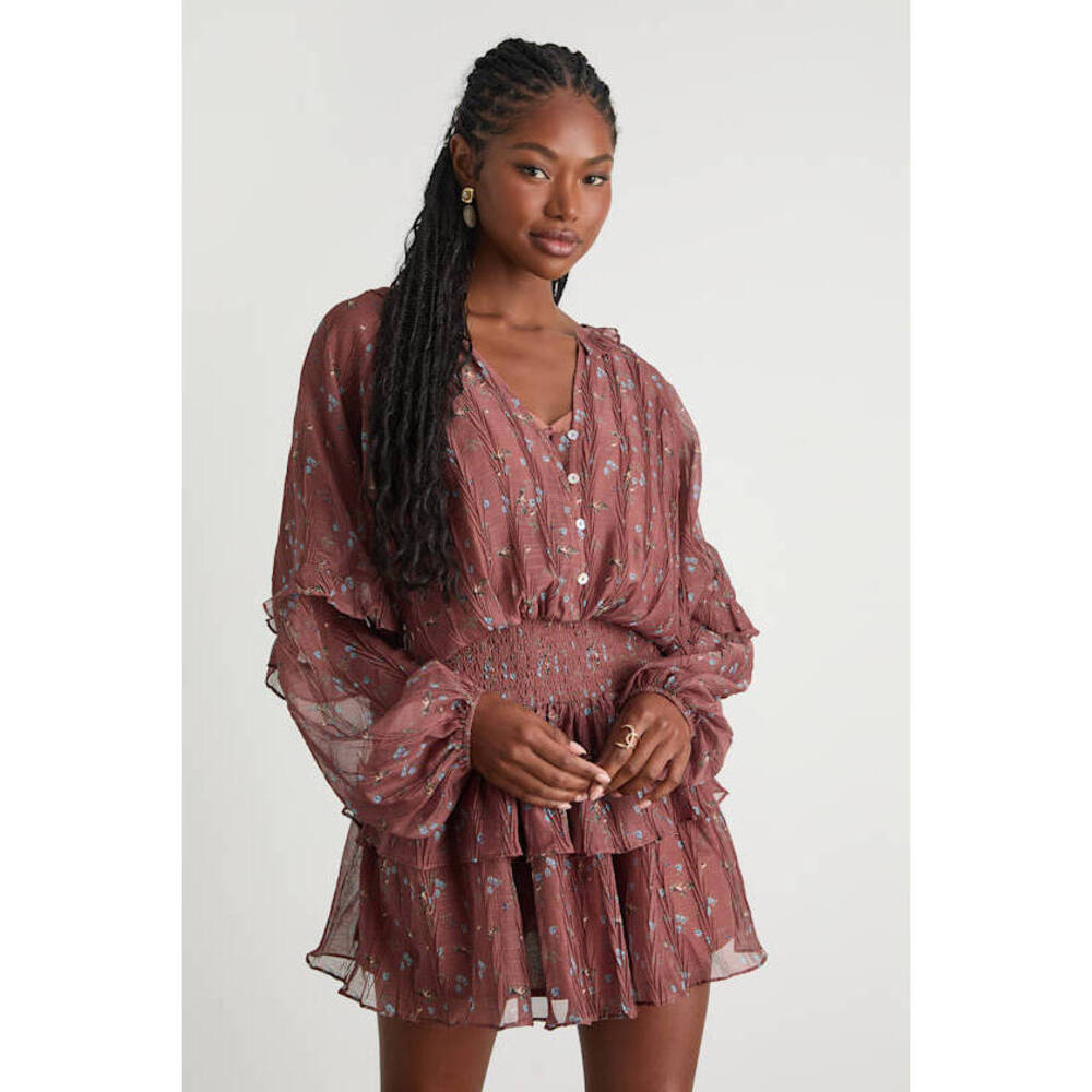 Lulus Christy Rust Floral Button-front Long Sleeve Mini Dress Red - Size M